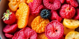 Colorful freeze-dried fruits in a bowl on display.