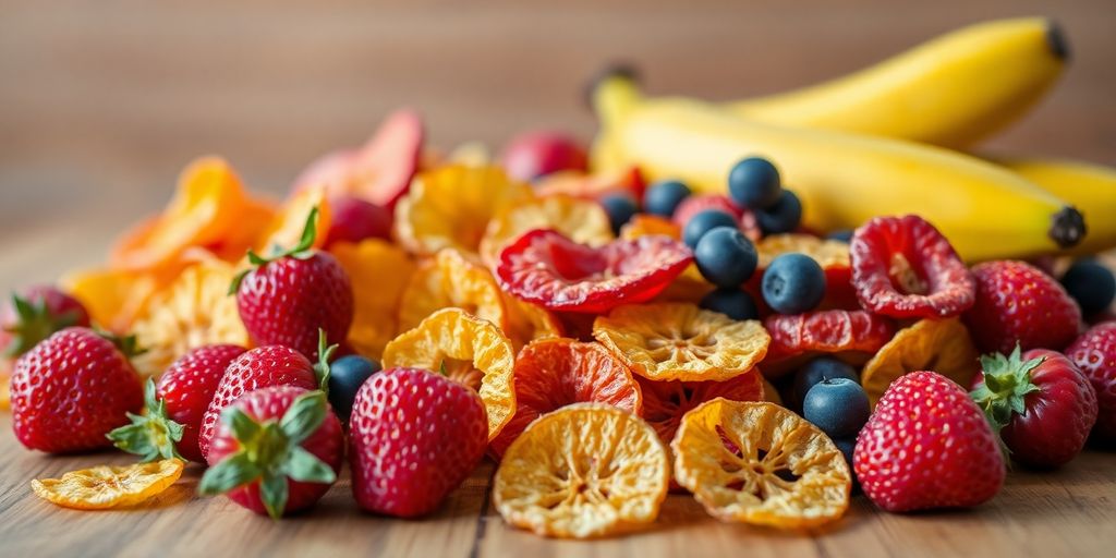 Colorful freeze-dried fruits on a wooden table.