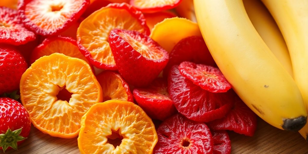 Colorful freeze-dried fruits on a wooden surface.