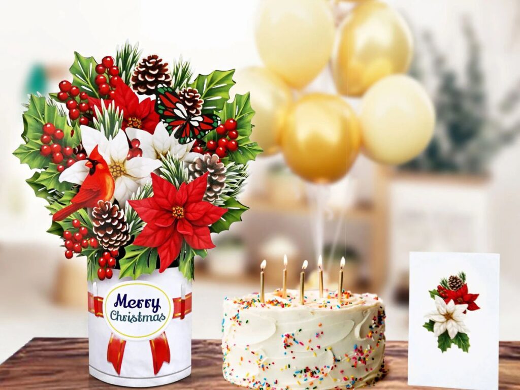 Festive decor with cake, flowers, and balloons for Christmas.